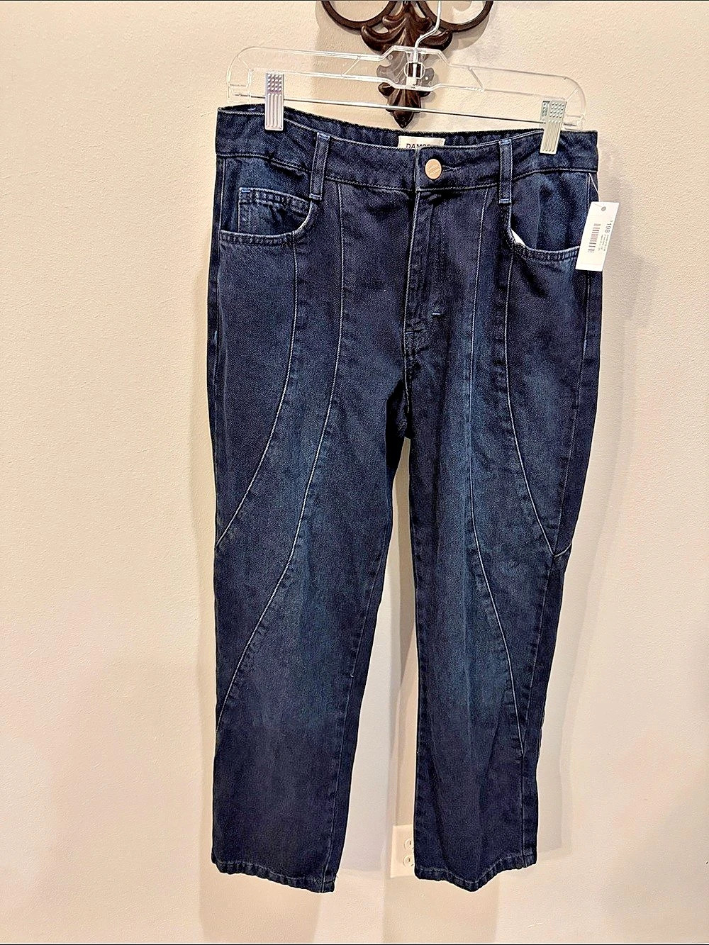 Women's Dark Blue Ankle Jeans with Curved Panel Detail